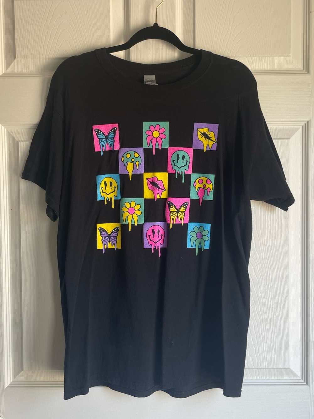 Cotton Crewneck Black Colorful Graphic Tee Shirt Size Large
